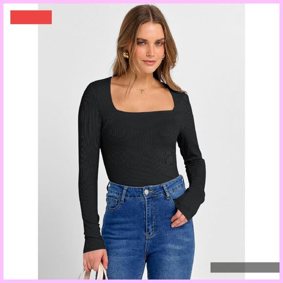 Long Sleeve Ribbed Knit Square Neck Slim Fit Basic Top - Picture 2 of 4